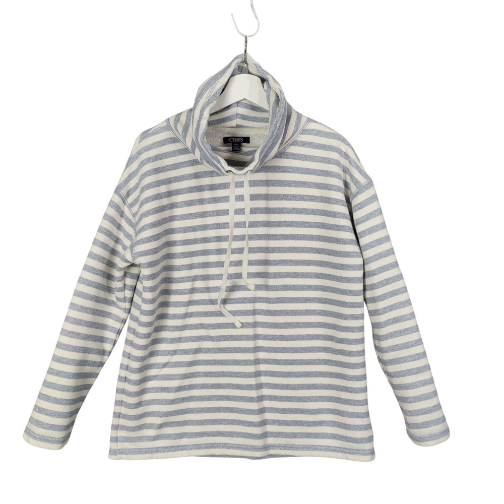 Chaps Womens Coastal Preppy Nautical Cowl Neck Pullover M Blue Stripe Sweatshirt